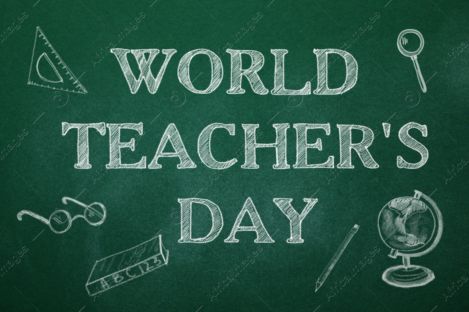 Image of Text World Teacher's Day and drawings on green chalkboard. Greeting card design