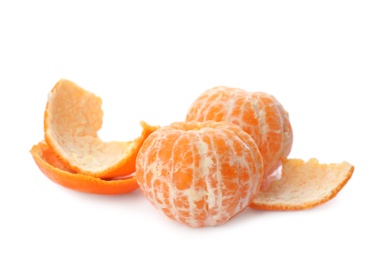 Peeled fresh tangerines on white background. Citrus fruit