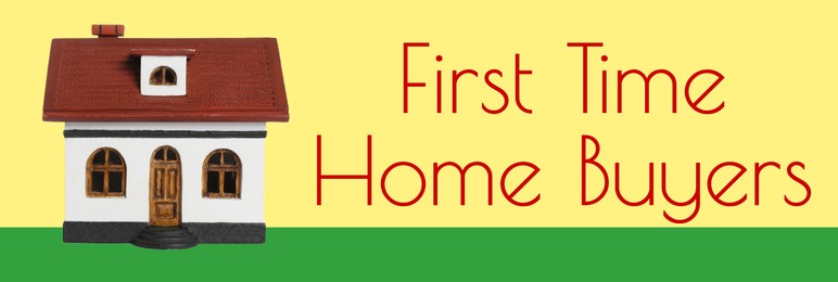 Image of First time home buyers. House model on color background. Banner design