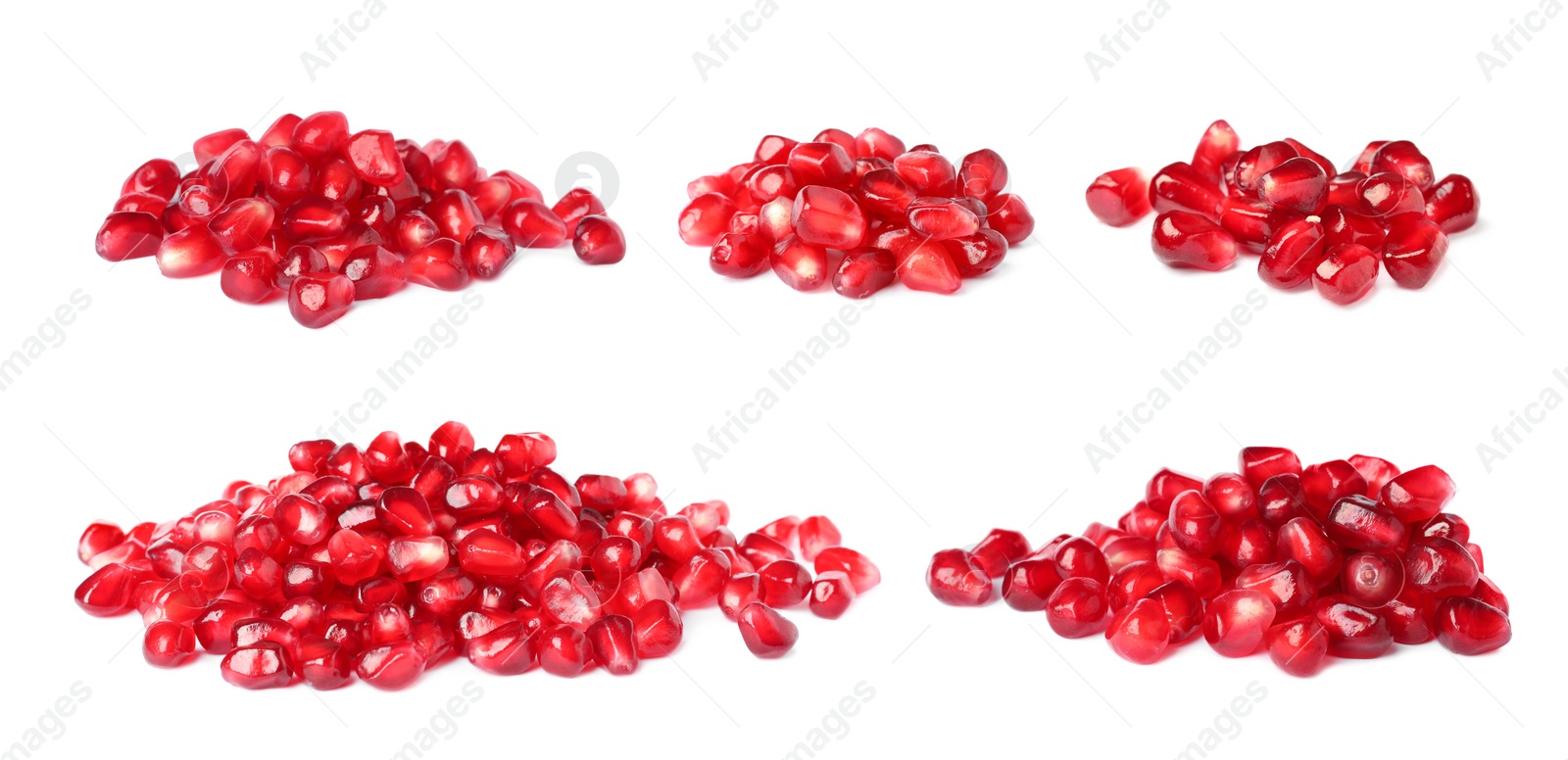 Image of Ripe juicy pomegranate seeds on white background, collage. Banner design