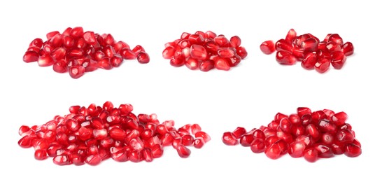 Image of Ripe juicy pomegranate seeds on white background, collage. Banner design