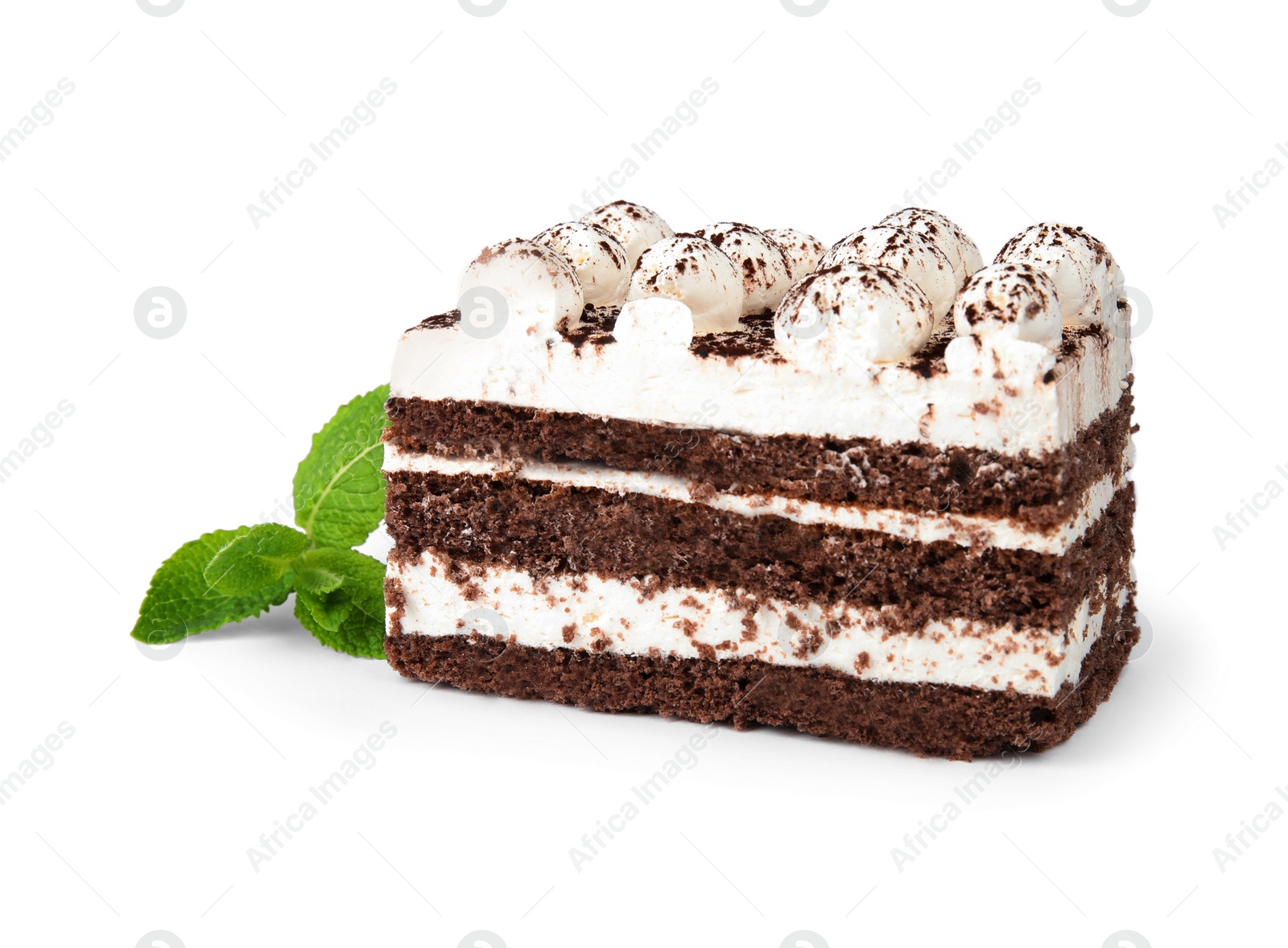 Photo of Delicious tiramisu cake with mint isolated on white