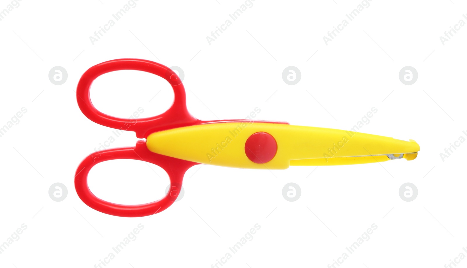 Photo of Pair of plastic scissors on white background