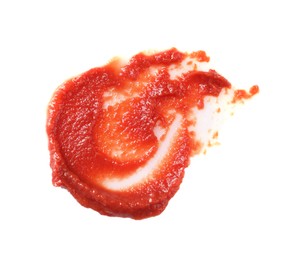 Photo of Tasty tomato paste isolated on white, top view