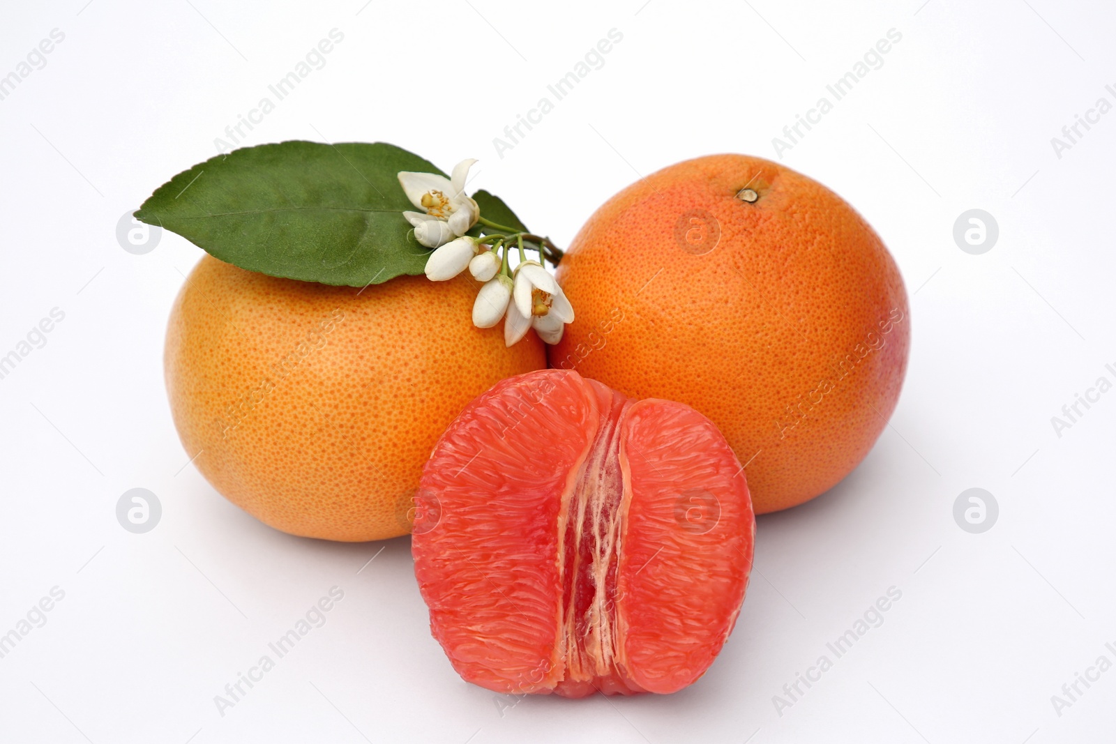 Photo of Fresh grapefruits, flowers and green leaf on white background