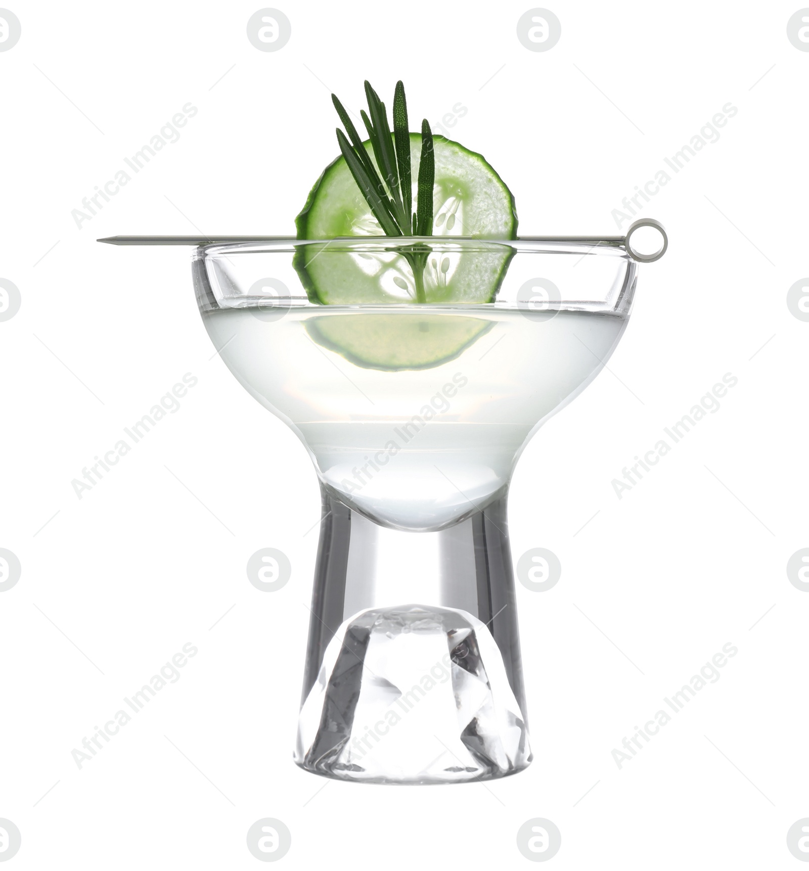 Photo of Glass of tasty martini with cucumber and rosemary on white background