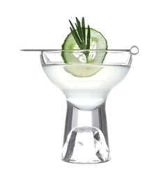 Photo of Glass of tasty martini with cucumber and rosemary on white background
