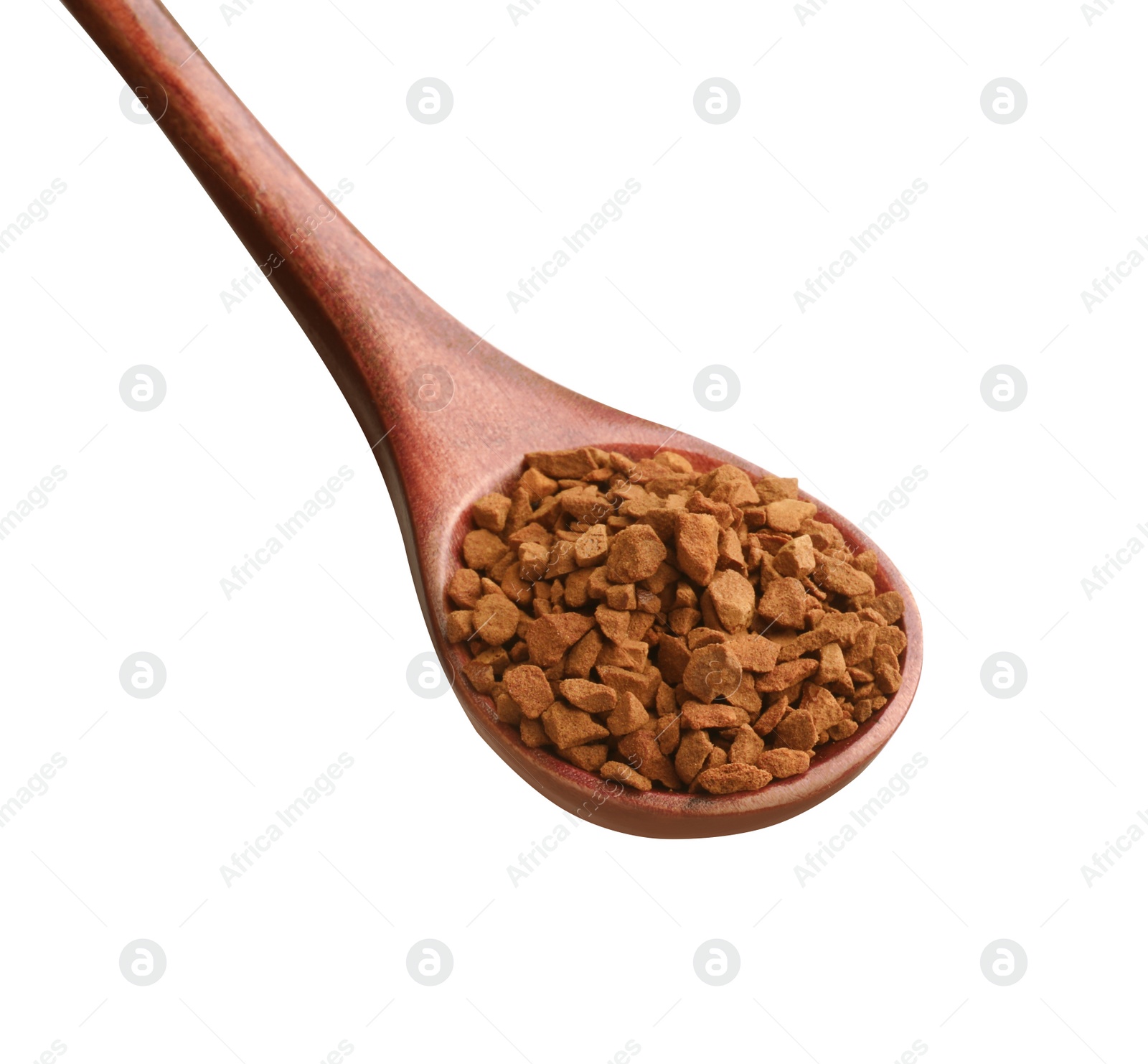 Photo of Wooden spoon with aromatic instant coffee isolated on white