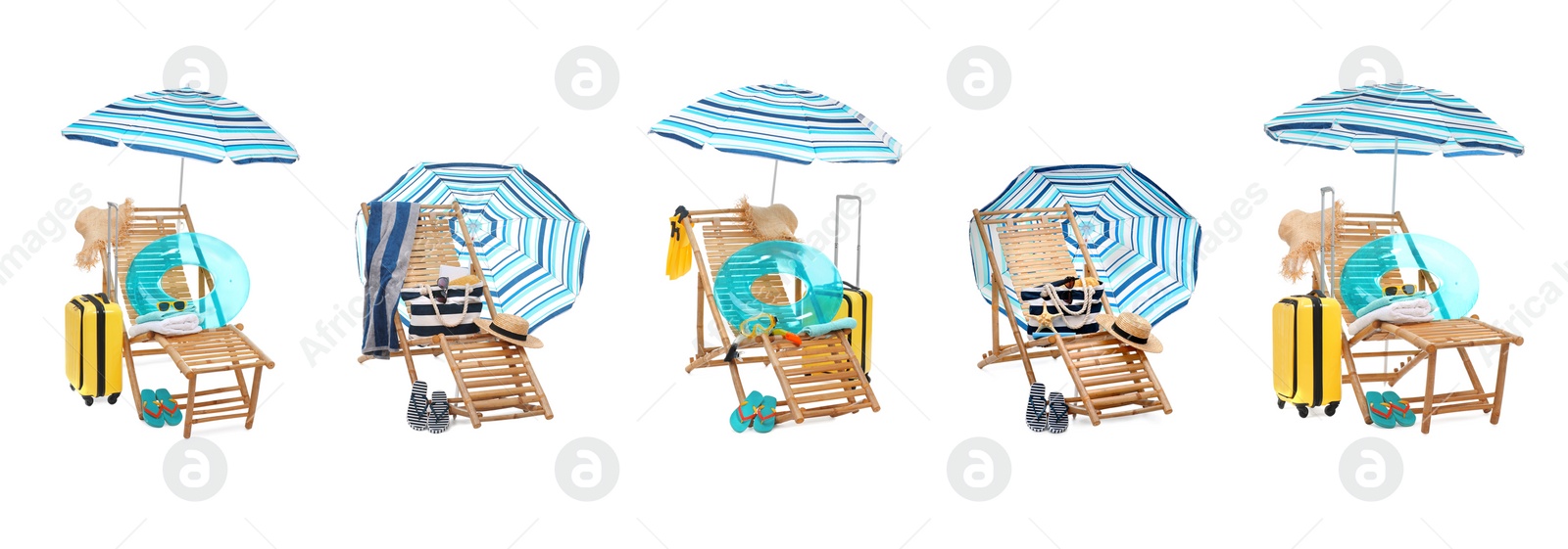 Image of Deck chair with beach accessories isolated on white, set