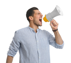 Photo of Handsome man with megaphone on white background