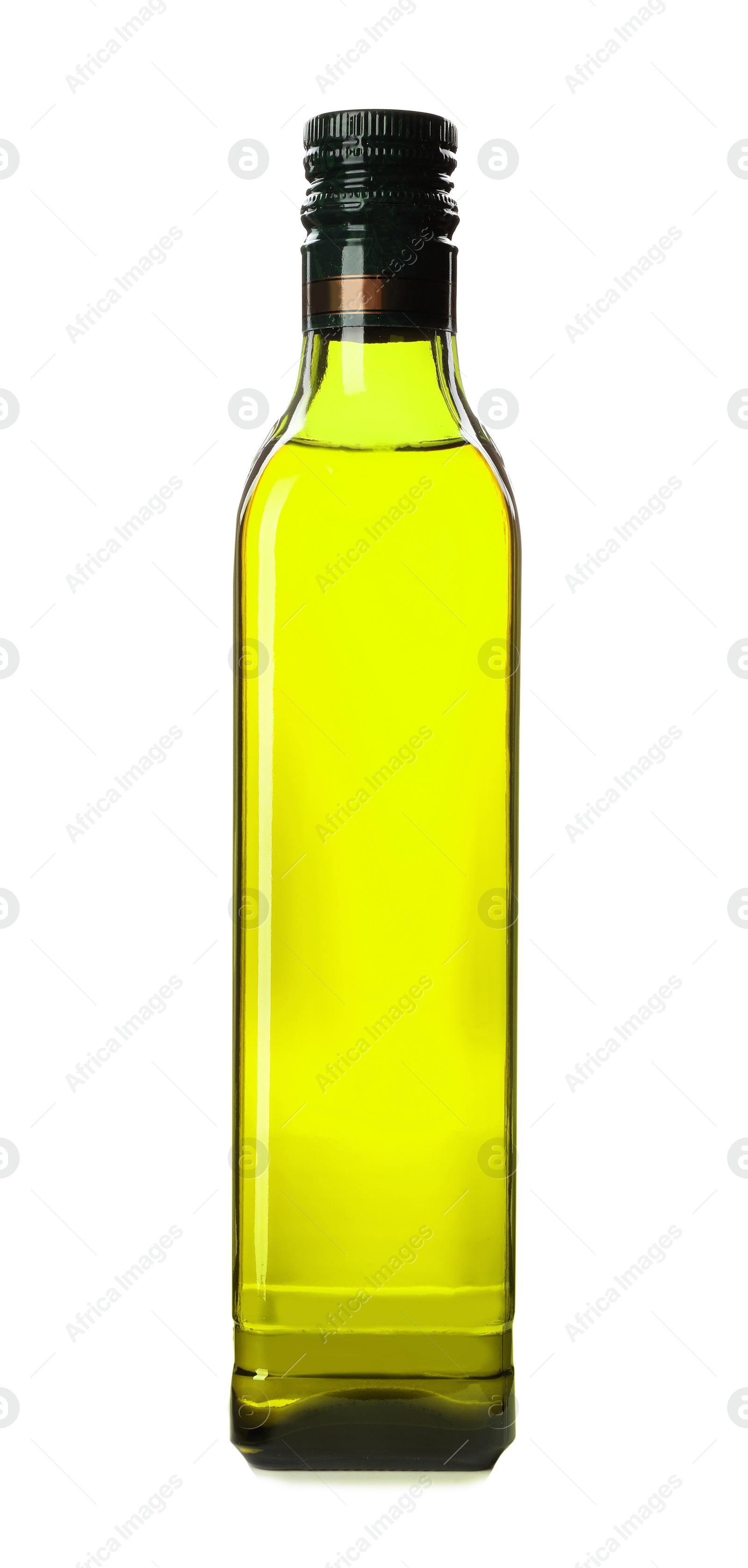 Photo of Glass bottle of oil on white background