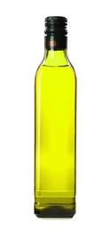 Photo of Glass bottle of oil on white background