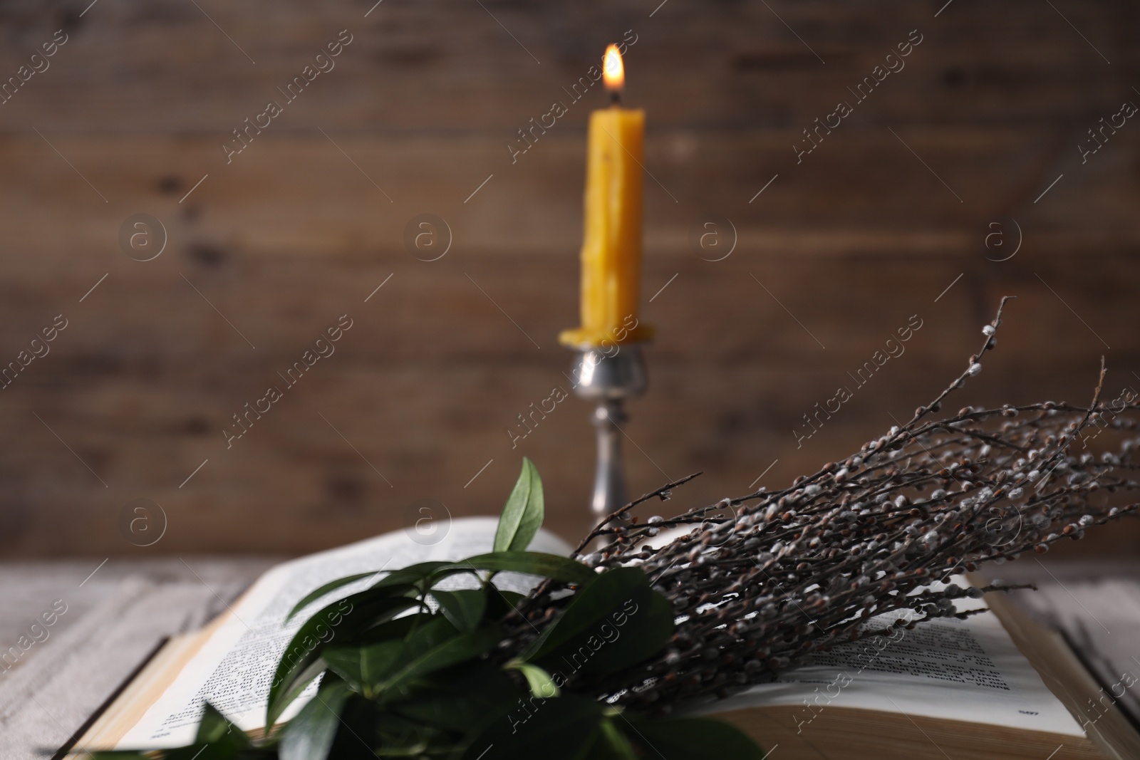 Photo of Bible, willow branches and burning candle on table, closeup