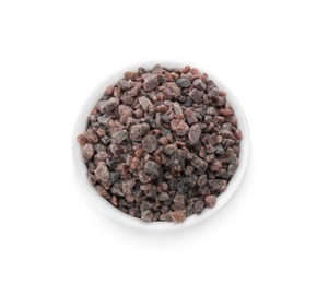 Photo of Bowl of Himalayan black salt isolated on white, top view