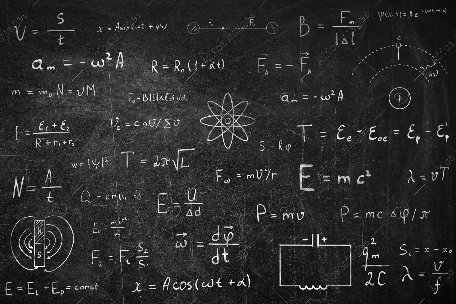 Illustration of Many different physics formulas written on blackboard