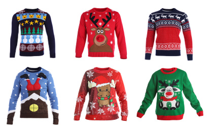 Image of Set of warm Christmas sweaters on white background