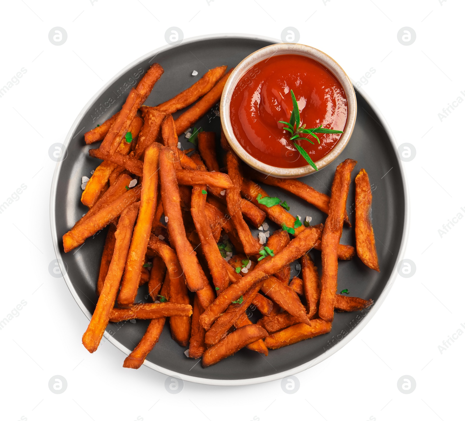 Photo of Plate with delicious sweet potato fries and sauce on white background, top view