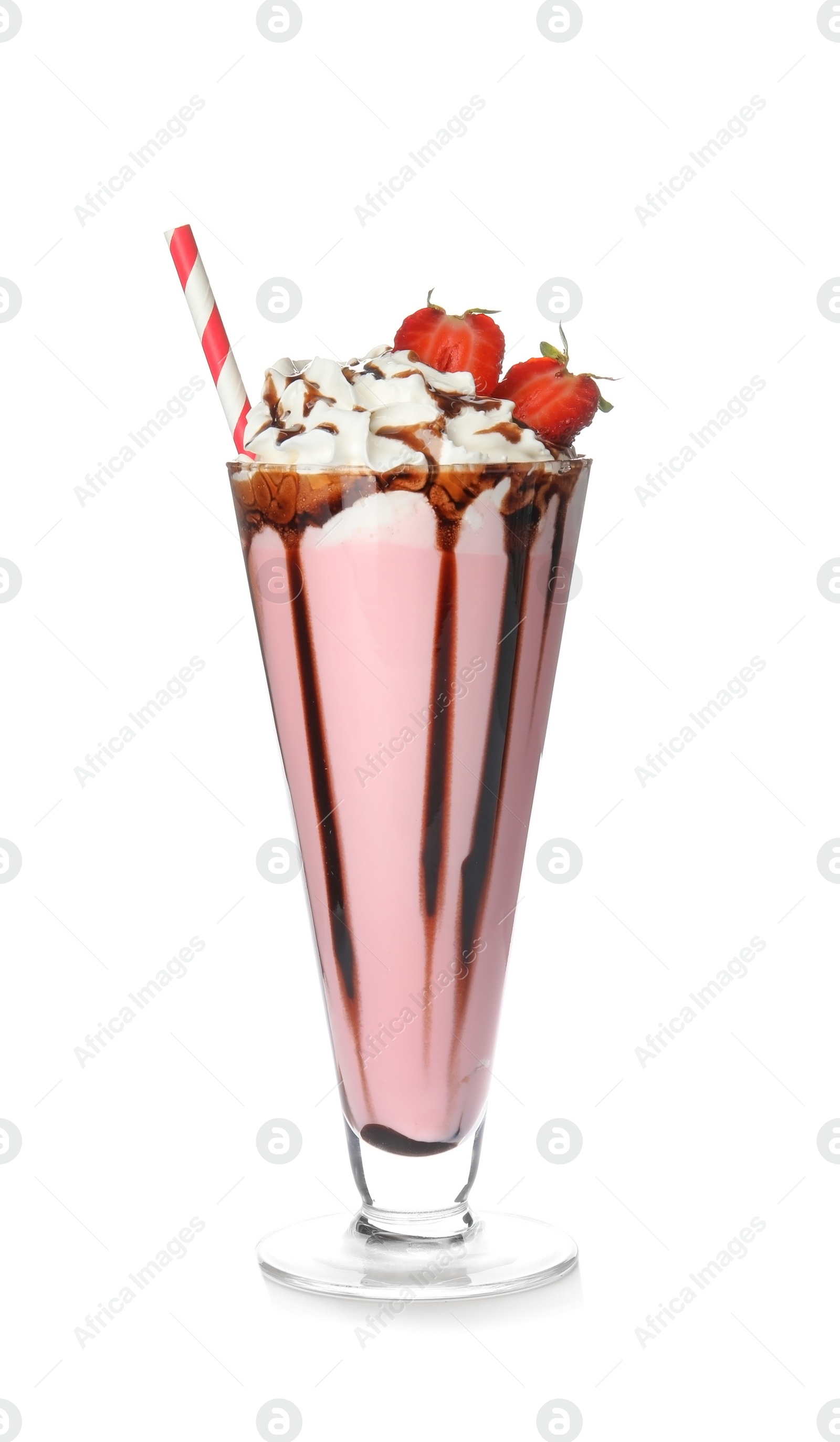 Photo of Glass of tasty milk shake on white background