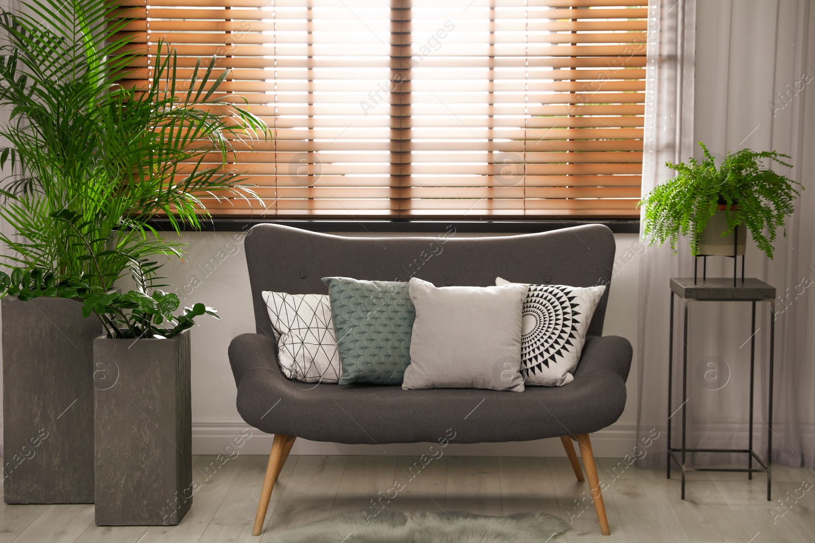 Photo of Stylish decorative pillows on grey couch indoors