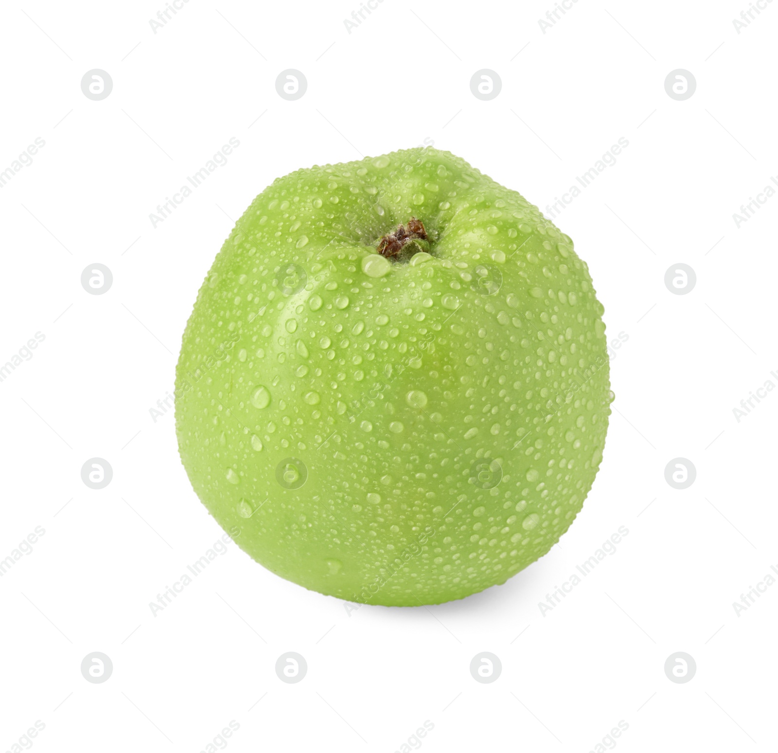 Photo of One ripe green apple with water drops isolated on white