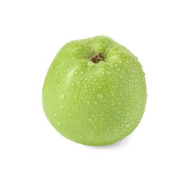 Photo of One ripe green apple with water drops isolated on white