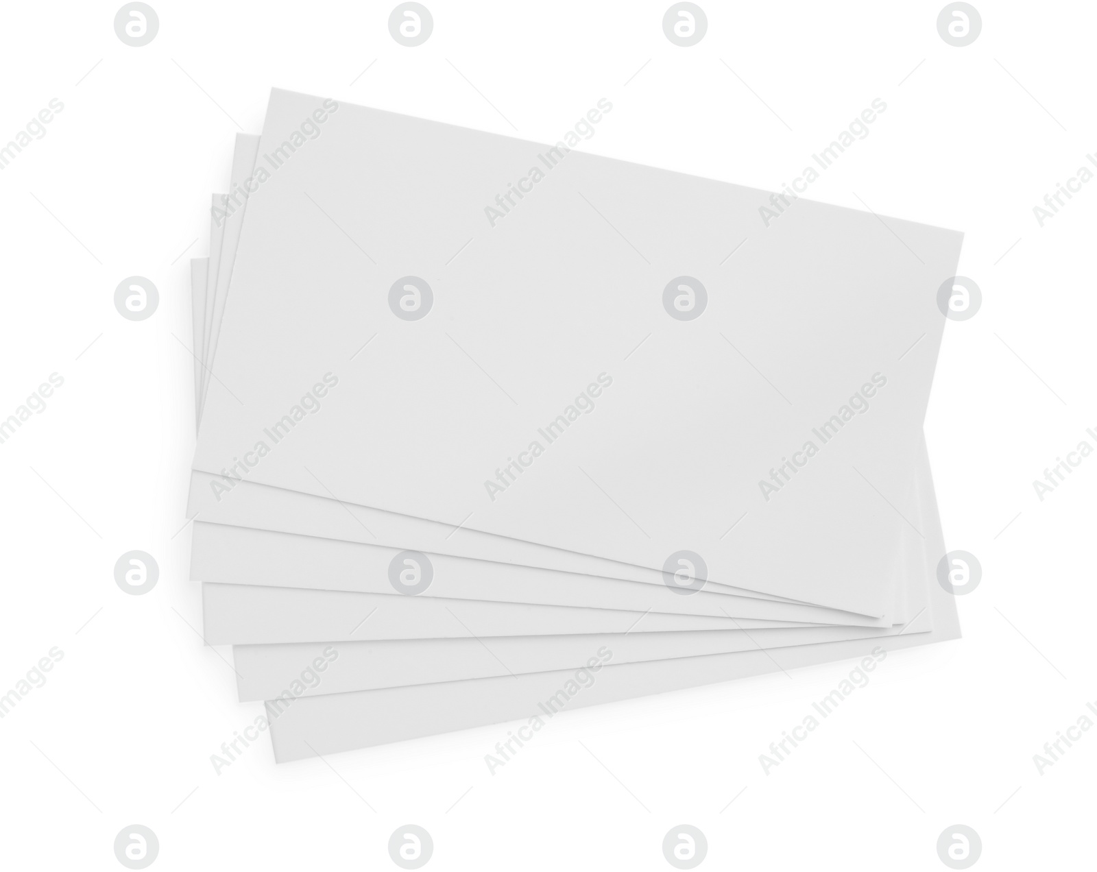 Photo of Blank business cards isolated on white, top view. Mockup for design