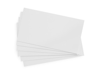 Photo of Blank business cards isolated on white, top view. Mockup for design