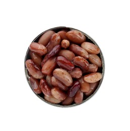 Tin can with kidney beans on white background, top view