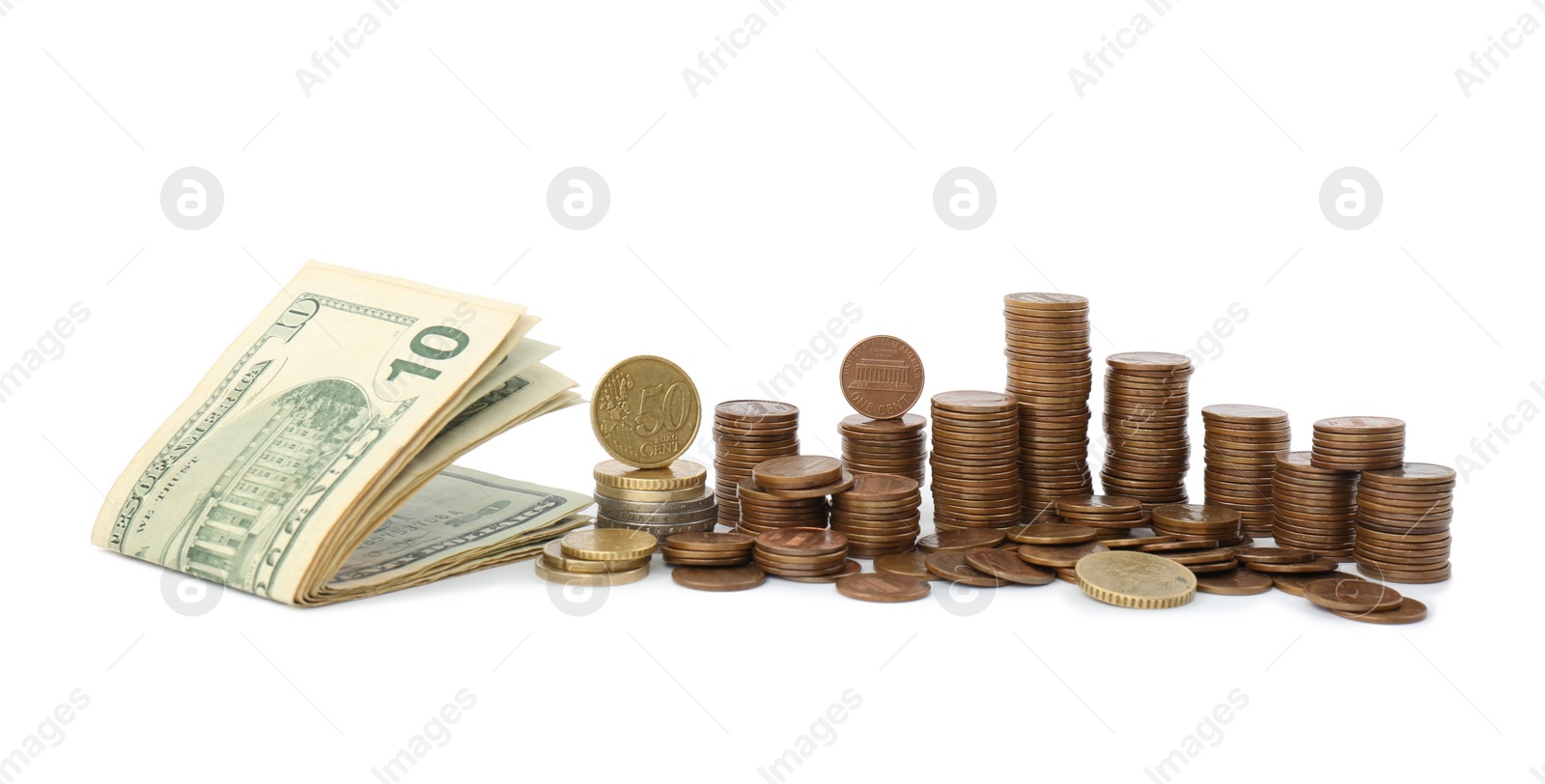 Photo of Dollar bills and coins isolated on white