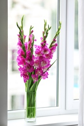 Vase with beautiful pink gladiolus flowers on windowsill