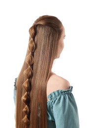 Woman with braided hair on white background