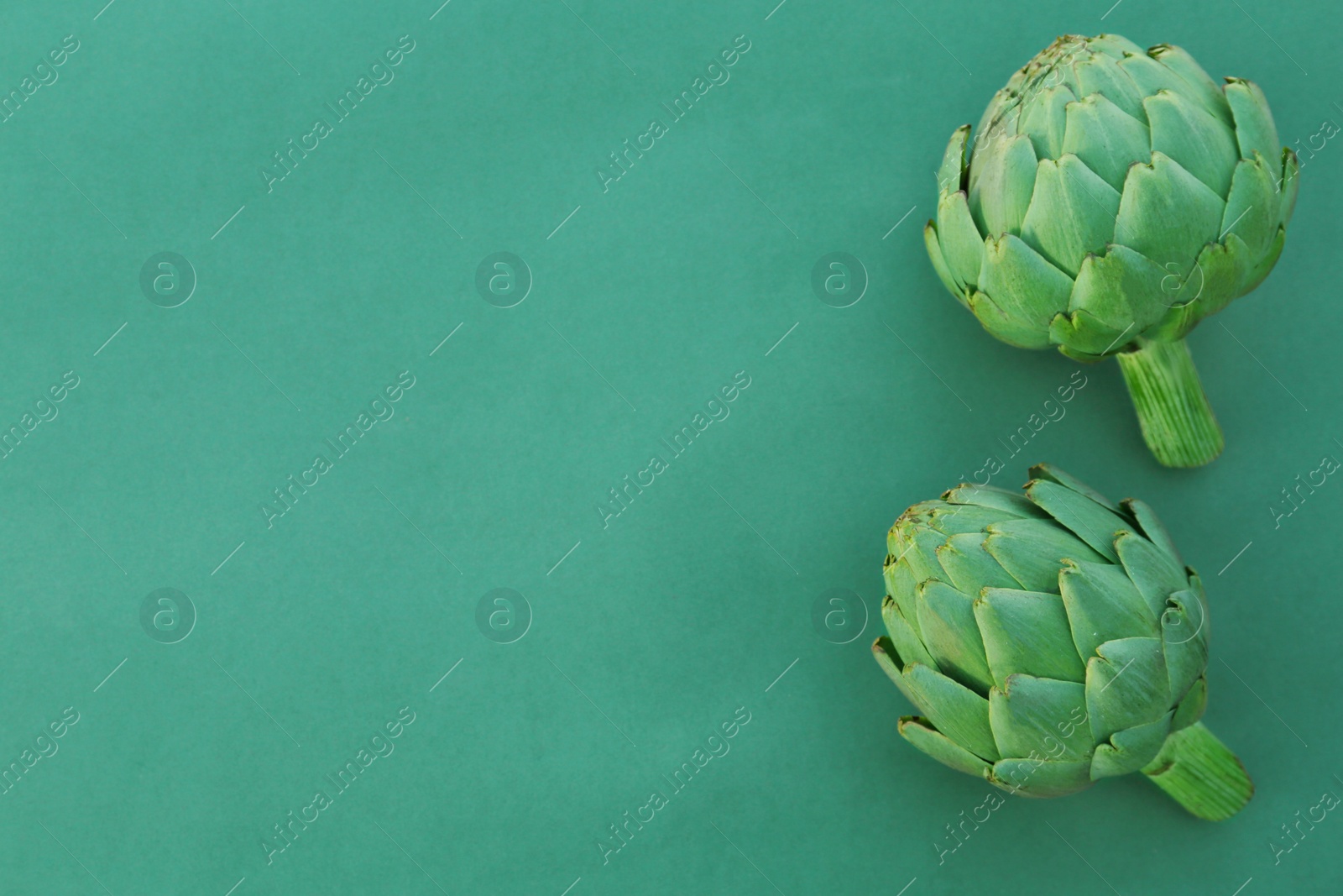 Photo of Whole fresh raw artichokes on green background, flat lay. Space for text