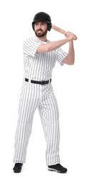 Photo of Baseball player taking swing with bat on white background