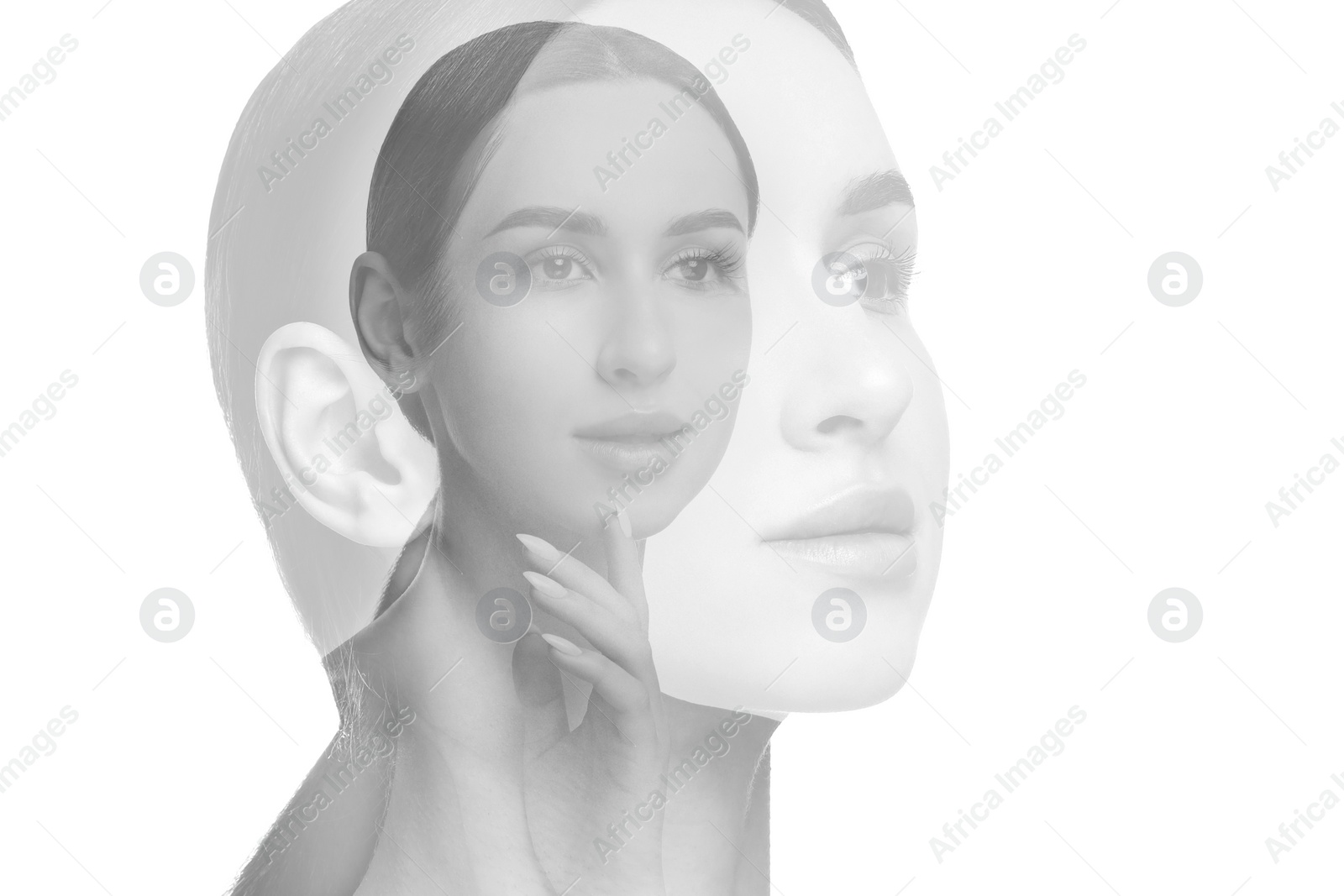 Image of Double exposure of beautiful young woman. Black and white effect