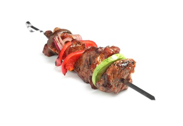 Photo of Delicious shish kebab with vegetables isolated on white