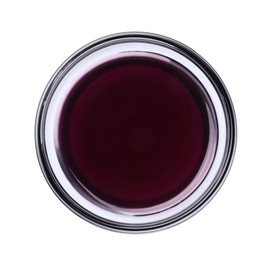 Glass bowl with purple food coloring isolated on white, top view