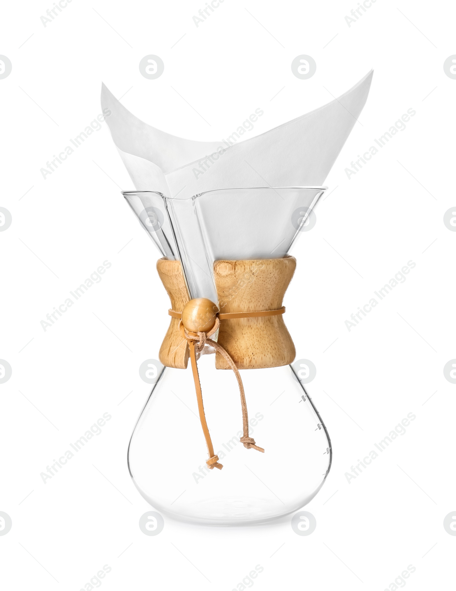 Photo of Glass chemex coffeemaker with paper coffee filter isolated on white