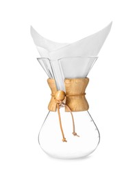 Photo of Glass chemex coffeemaker with paper coffee filter isolated on white