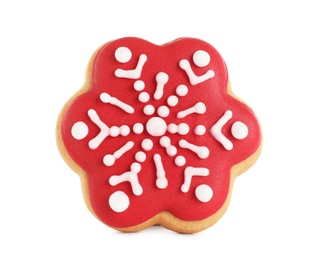 Tasty homemade Christmas cookie on white background