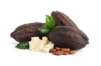 Photo of Composition with cocoa products on white background