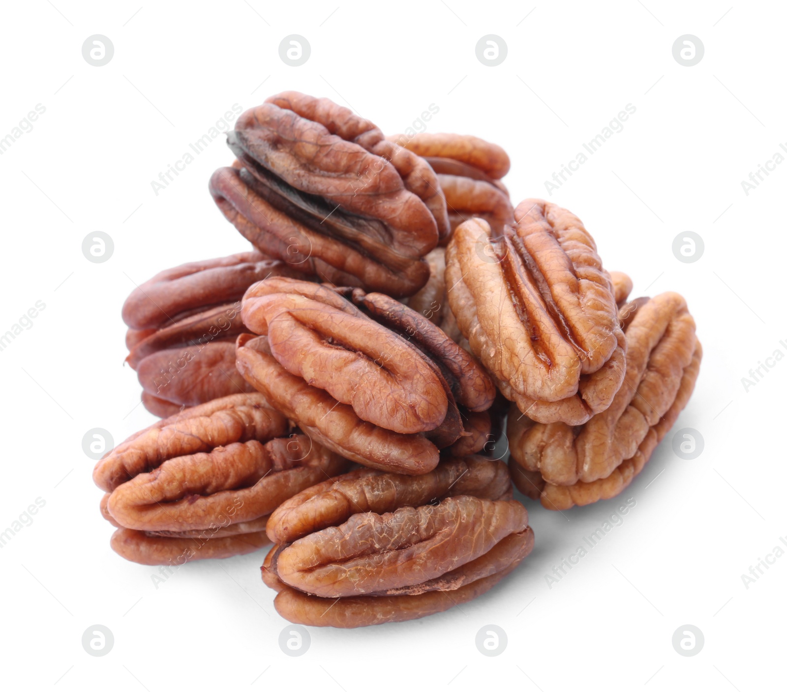 Photo of Heap of ripe shelled pecan nuts on white background