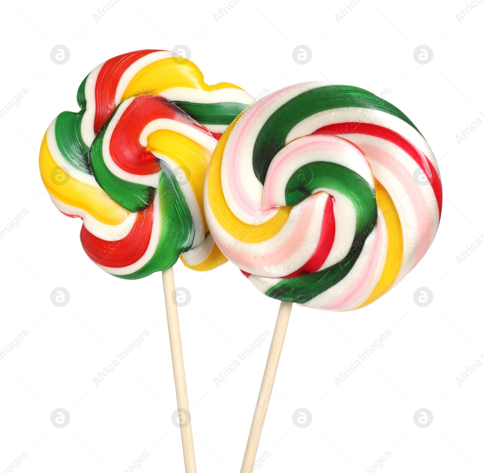 Photo of Sticks with colorful lollipops isolated on white