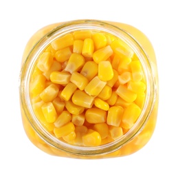 Photo of Open jar with pickled sweet corn on white background, top view
