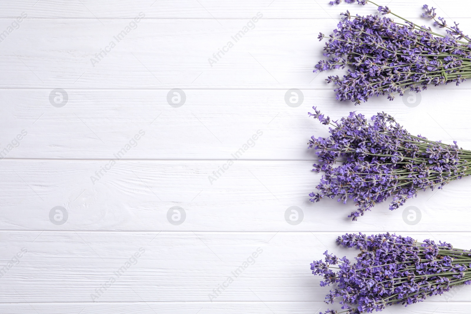 Photo of Beautiful lavender flowers on white wooden background, flat lay. Space for text