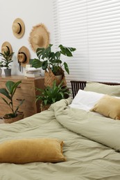 Comfortable bed and beautiful green houseplants in bedroom