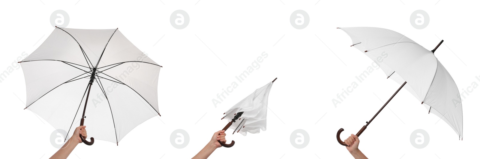 Image of Collage with photos of women holding umbrellas on white background, collage. Banner design