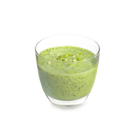 Photo of Glass of green buckwheat smoothie isolated on white