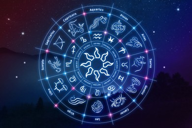 Zodiac wheel showing 12 signs against night sky