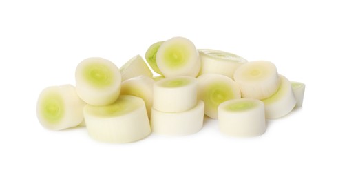 Photo of Fresh raw leek slices on white background