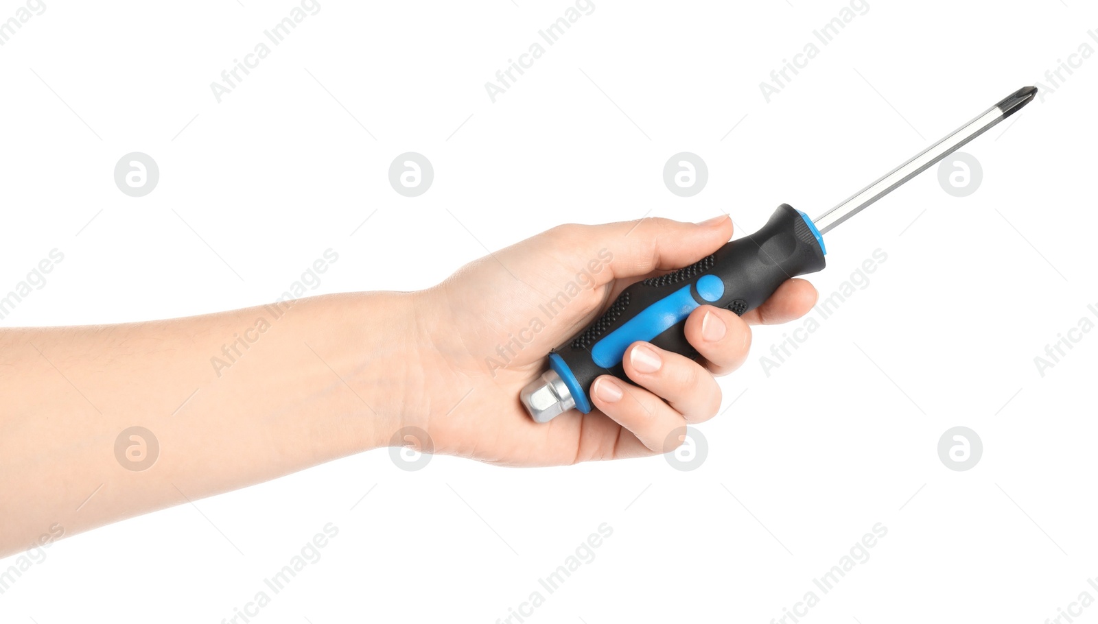 Photo of Woman holding screwdriver on white background, closeup